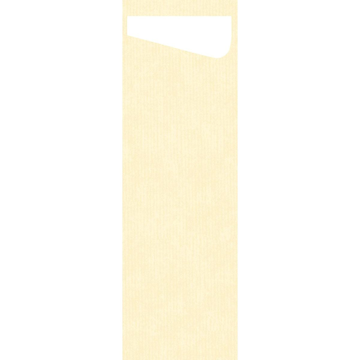 Der Sacchetto Slim Dunisoft 230 x 70 mm von Duni GmbH ist ein hohes, hellbeige strukturiertes Rechteck mit einem weißen, abgerundeten Rechteckausschnitt - perfekt für moderne Tischdekoration oder als stilvolle Bestecktasche.