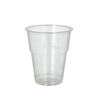 Der PAPSTAR GmbH 70 Kaltgetränkebecher, PLA "pure" glasklar mit Schaumrand, ist ein umweltfreundliches Becher-Ideal zum Servieren von Kaltgetränken und hier leer vor einem schlichten weißen Hintergrund abgebildet.