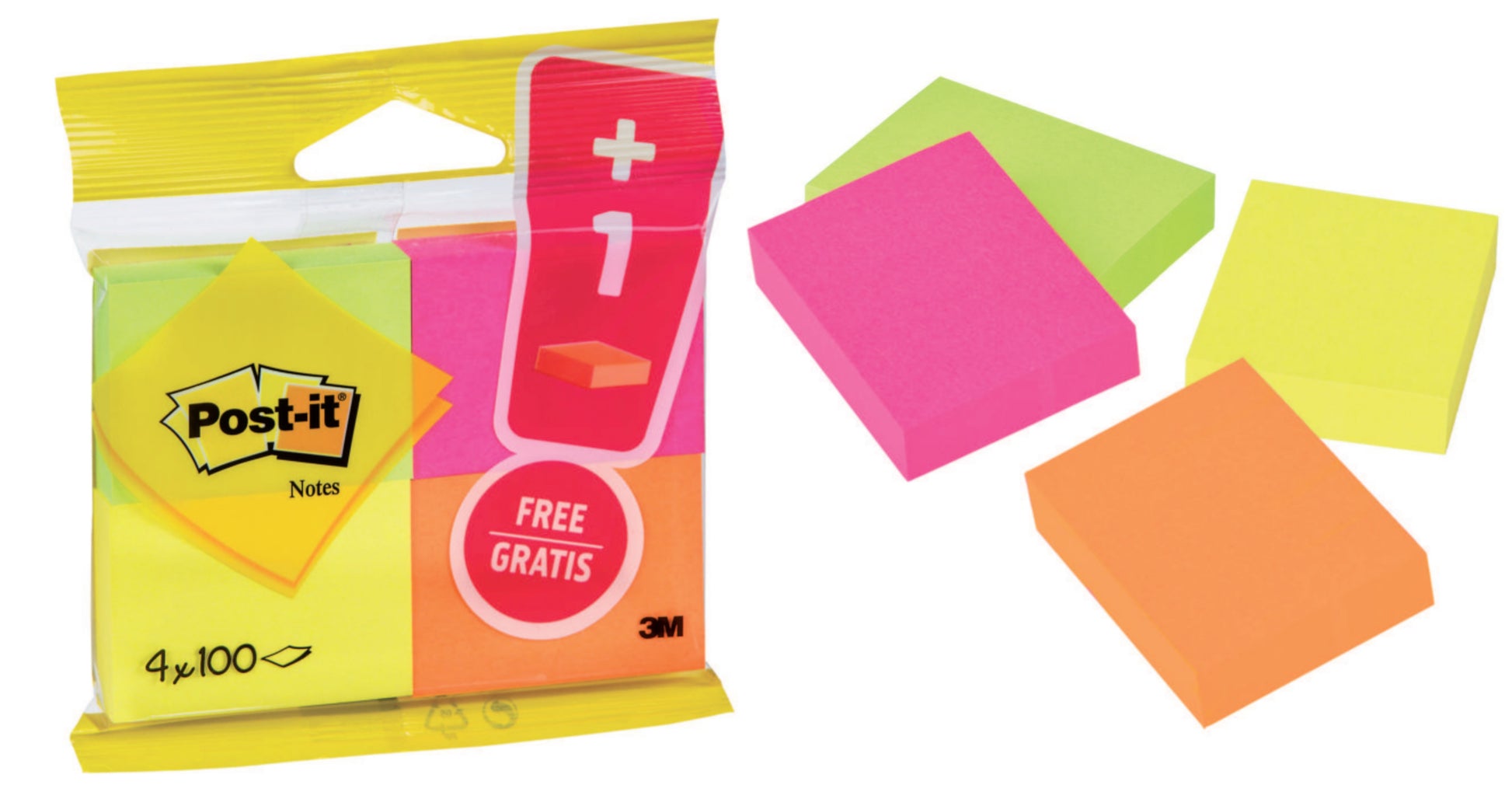 Eine Packung 3M Deutschland GmbH Post-it® Notes, PEFC-zertifiziert, in verschiedenen Neonfarben (38 x 51 mm), enthält 3 Blöcke à 100 Blatt plus 1 Gratisblock. Insgesamt: vier Blöcke pro Packung. Das Werbeset ist auf weißem Hintergrund abgebildet.