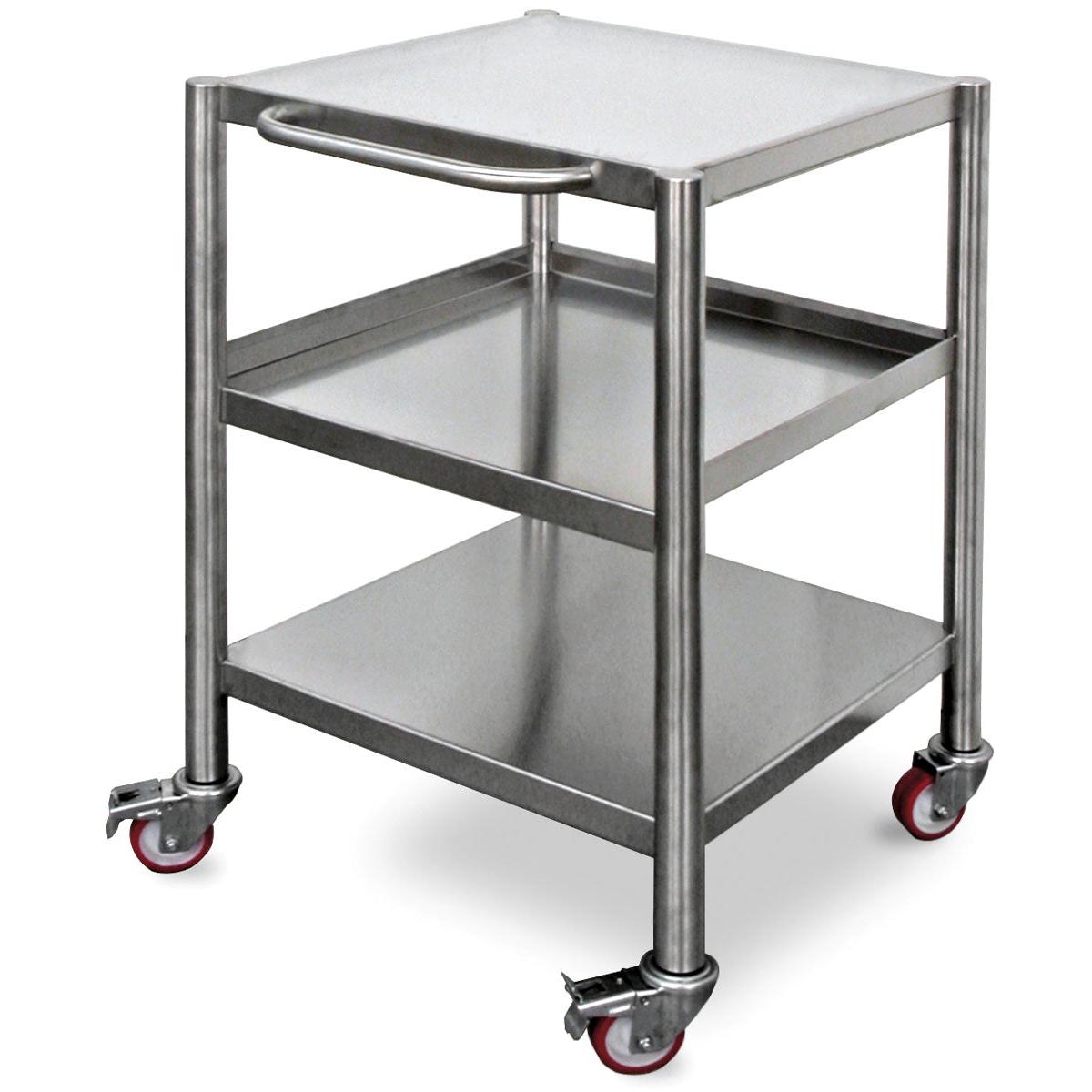 The Duni GmbH Trolley for DF22/22F/32/32F in Silver Stainless Steel (600x600x800mm, 1 piece) features three shelves, a side handle, and four swivel castors - two of which have brakes - for efficient transport in a sleek industrial design.