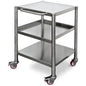 The Duni GmbH Trolley for DF22/22F/32/32F in Silver Stainless Steel (600x600x800mm, 1 piece) features three shelves, a side handle, and four swivel castors - two of which have brakes - for efficient transport in a sleek industrial design.