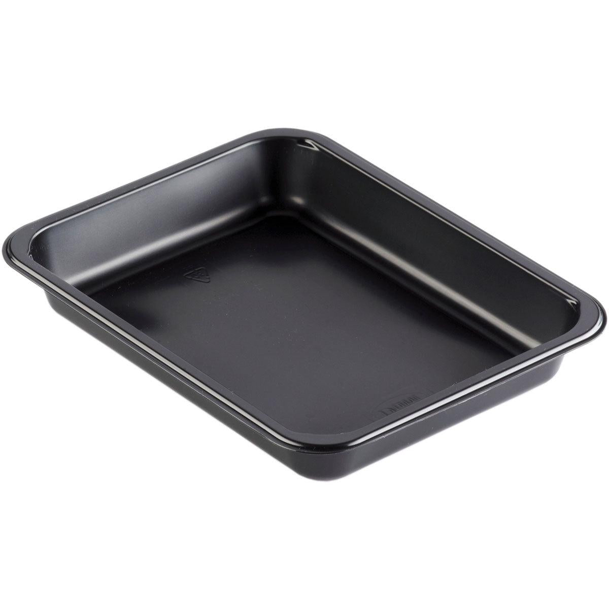 Abgebildet ist eine Duni GmbH PP-Schale Caterline 1 Schwarz PP 227x178, eine schwarze rechteckige Backform mit abgerundeten Ecken und erhabenen Rändern, auf weißem Hintergrund.