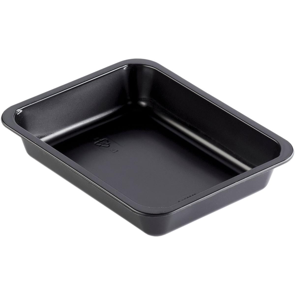 Die Duni GmbH PP-Schale Caterline 1 Schwarz PP 227x178 ist eine rechteckige, schwarze Backform mit abgerundeten Ecken und flachen Seiten, die auf einem schlichten weißen Hintergrund abgebildet ist.