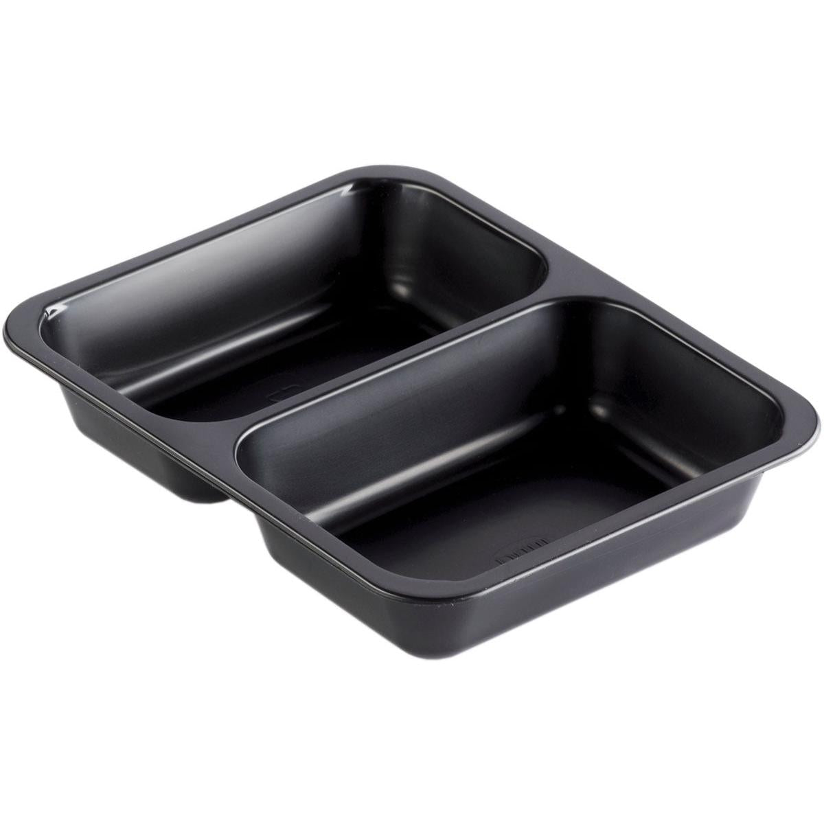 Die PP-Schale Caterline 2 Schwarz von Duni GmbH (227x178 mm) mit zwei rechteckigen Fächern ist aus schräger Perspektive auf weißem Hintergrund zu sehen - perfekt für Catering-Events.