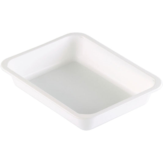 Die PP-Schale Caterline 1 Weiß PP 227x178 der Duni GmbH ist ein rechteckiger, weißer Behälter mit leicht abgerundeten Ecken und hochgezogenen Kanten, ideal für den Gastronomiebedarf, abgebildet auf weißem Hintergrund.