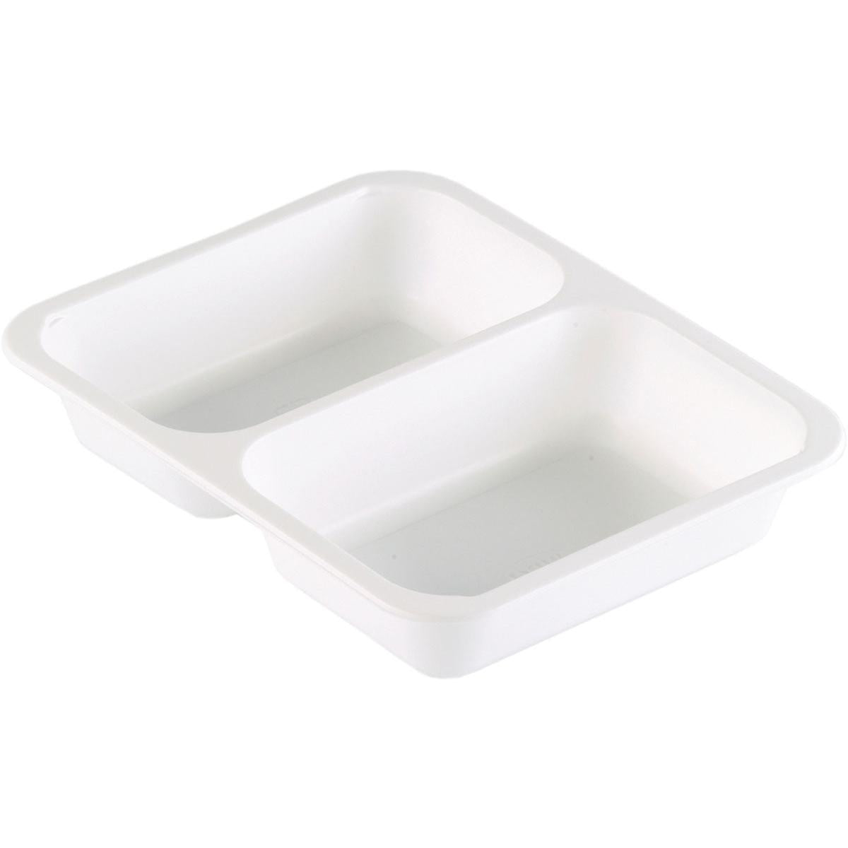 Die Duni GmbH PP-Schale Caterline 2 Weiß PP 227x178 ist ein weißes, rechteckiges Tablett mit zwei Fächern - perfekt als organisiertes Gastronomiegeschirr für den Foodservice.
