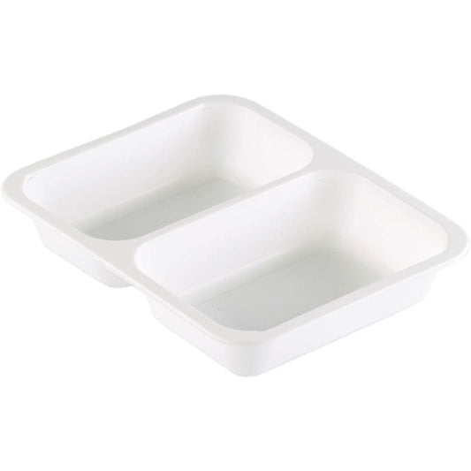 Die Duni GmbH PP-Schale Caterline 2 Weiß PP 227x178 ist ein weißes, rechteckiges Tablett mit zwei Fächern - perfekt als organisiertes Gastronomiegeschirr für den Foodservice.
