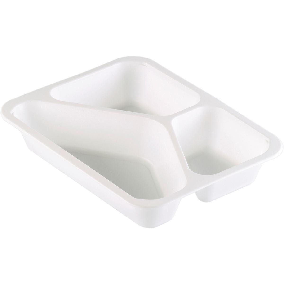 Die Duni GmbH PP-Schale Caterline 3 Weiß PP 227x178, ein weißes, dreigeteiltes Tablett, ist ideales Catering-Geschirr für die organisierte Speisenpräsentation.
