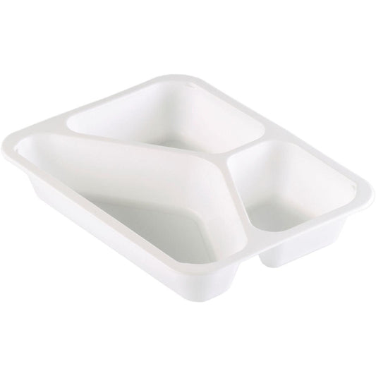 Die Duni GmbH PP-Schale Caterline 3 Weiß PP 227x178, ein weißes, dreigeteiltes Tablett, ist ideales Catering-Geschirr für die organisierte Speisenpräsentation.