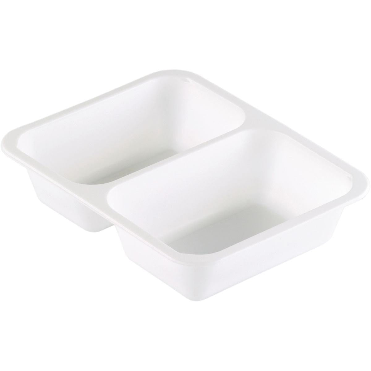 Die Duni GmbH PP-Schale Caterline 2 Weiß PP 227x178 hat zwei rechteckige Fächer, abgerundete Ecken und ein weißes Finish - ideales leeres Gastronomie Geschirr für die professionelle Gastronomie, hier angewinkelt.