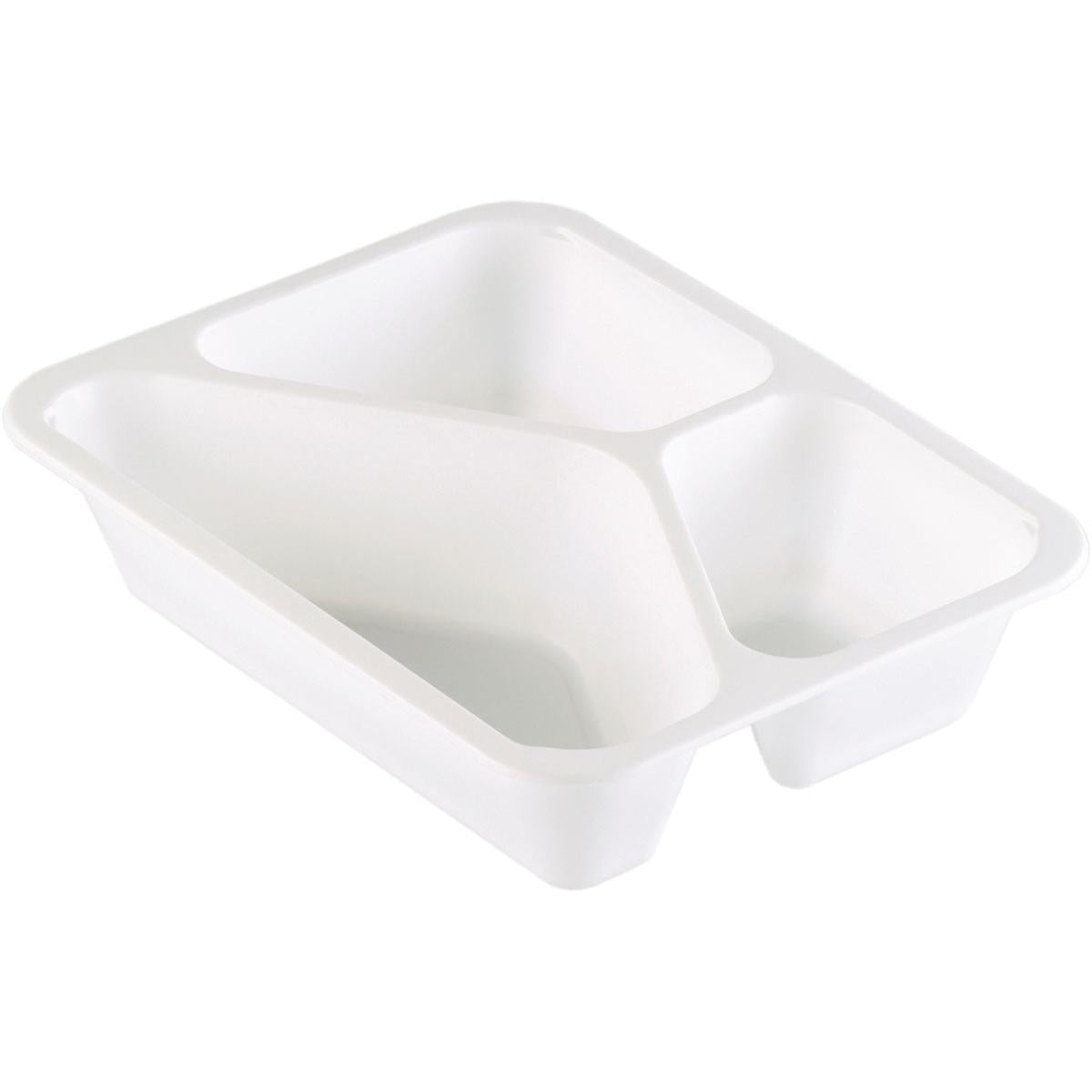 Die PP-Schale Caterline 3 Weiß PP 227x178 der Duni GmbH, ein weißes Kunststofftablett mit drei Fächern, ist das perfekte Catering-Geschirr für eine organisierte Speisenpräsentation.