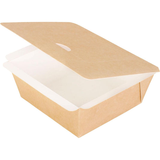 Eine braune, quadratische Pappbox (115x115x50 mm) der Duni GmbH mit teilweise geöffnetem Deckel zeigt ihr weißes PE-Innenleben. Dieser Braun Karton (Packung 250 Stück) ist leer auf weißem Hintergrund fotografiert.