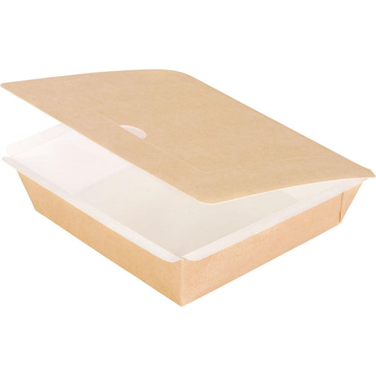 Eine hellbraune Pappbox, quadratisch, L 165x165x45 mm aus Braun Karton/PE von Duni GmbH steht leer mit halb geöffnetem Deckel und weißem Innenraum vor weißem Hintergrund. Die Packung enthält 250 Stück.