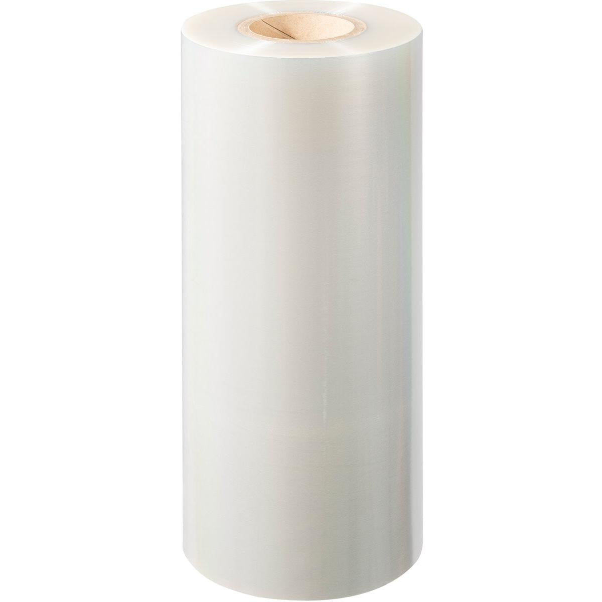 Eine große Rolle der Duni GmbH PET-Siegelfolie Antifog PET mit Pappkern steht aufrecht vor einem schlichten weißen Hintergrund.