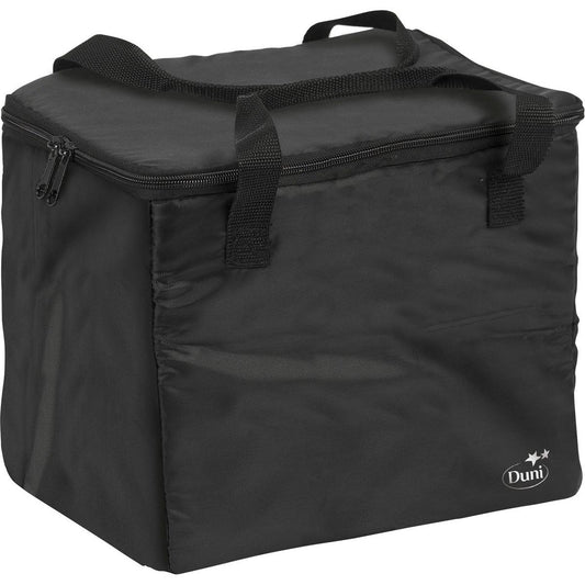 Eine Thermotasche 1 Schwarz Nylon 275x200x240 von Duni GmbH mit zwei Tragegriffen, einem Reißverschluss an der Oberseite und einem weißen Duni-Logo in der unteren vorderen Ecke. Packung (1 Stück).