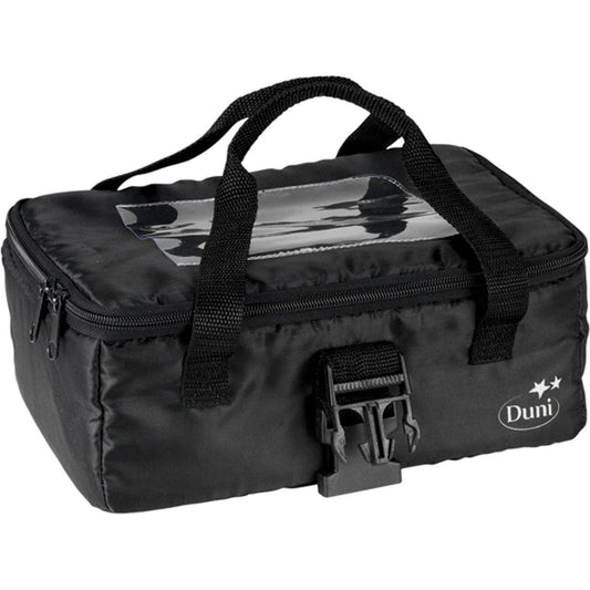 Die Thermotasche 1 Schwarz Nylon 290x200x100 von Duni GmbH ist eine schwarze Isoliertasche mit zwei Henkeln, Klarsichtfenster oben, seitlichem Reißverschluss und Schnalle vorne; mit Duni"-Schriftzug und zwei Sternen in der unteren rechten Ecke.