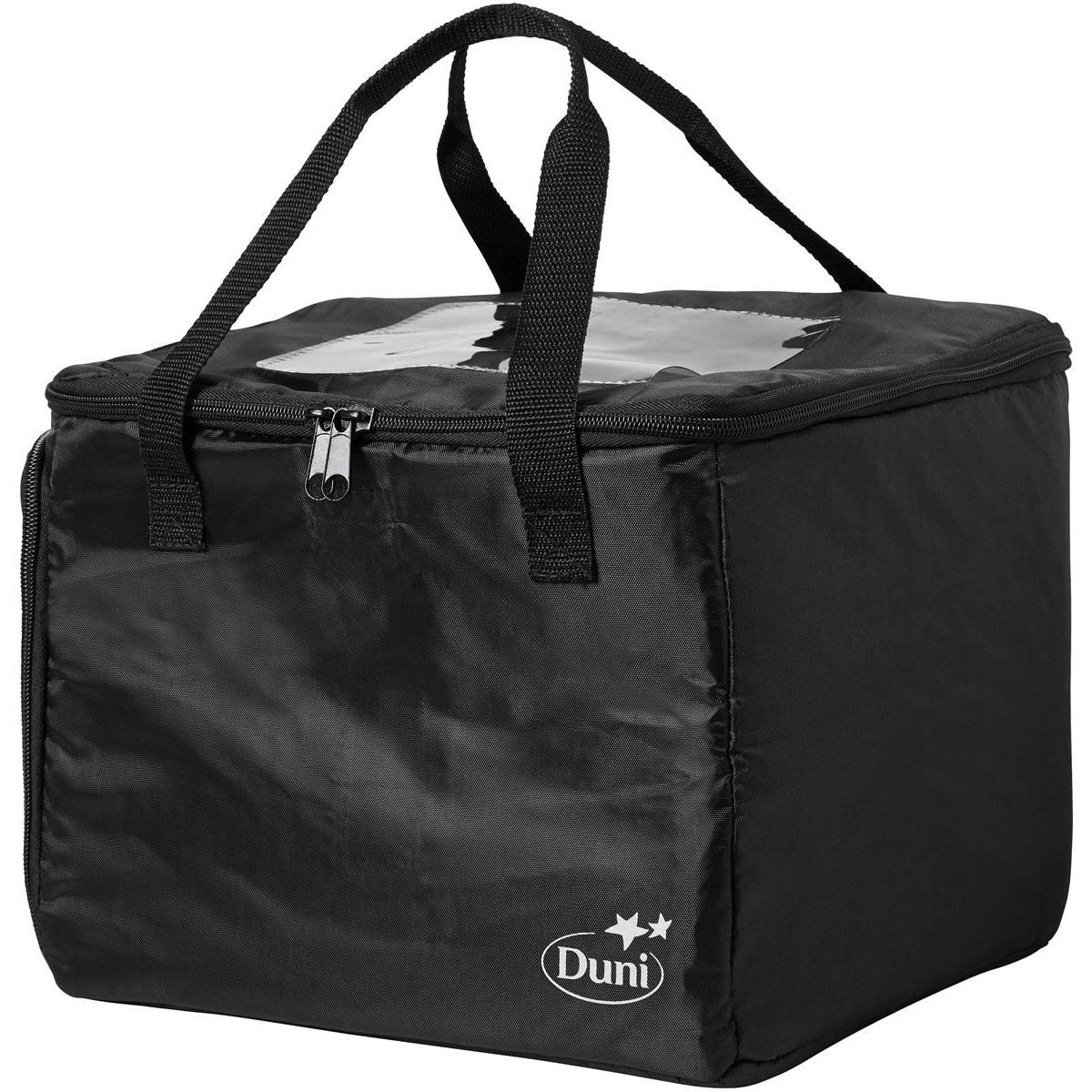 Black thermal bag 1 Black nylon 310x240x260 from Duni GmbH with zipper, two carrying handles, transparent lid and the "Duni" logo with two stars on the front. Package (1 piece).