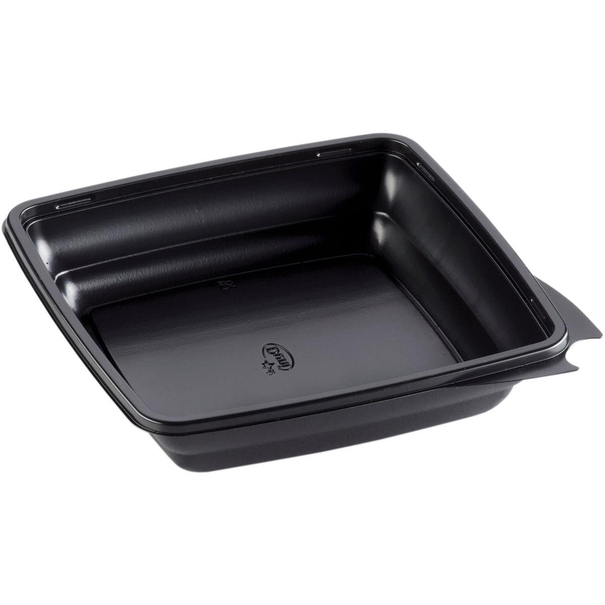 The Duni GmbH menu box, square, black from PP (197x197x44 mm), pack of 450 pieces, with rounded corners and slightly raised edge, is depicted as a black plastic food tray slanted on a white background.