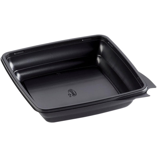 Die Duni GmbH Menübox, quadratisch, Schwarz aus PP (197x197x44 mm), Packung mit 450 Stück, mit abgerundeten Ecken und leicht erhöhtem Rand, ist als schwarze Kunststoff-Lebensmittelschale schräg auf weißem Hintergrund abgebildet.