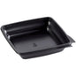 The Duni GmbH menu box, square, black from PP (197x197x44 mm), pack of 450 pieces, with rounded corners and slightly raised edge, is depicted as a black plastic food tray slanted on a white background.