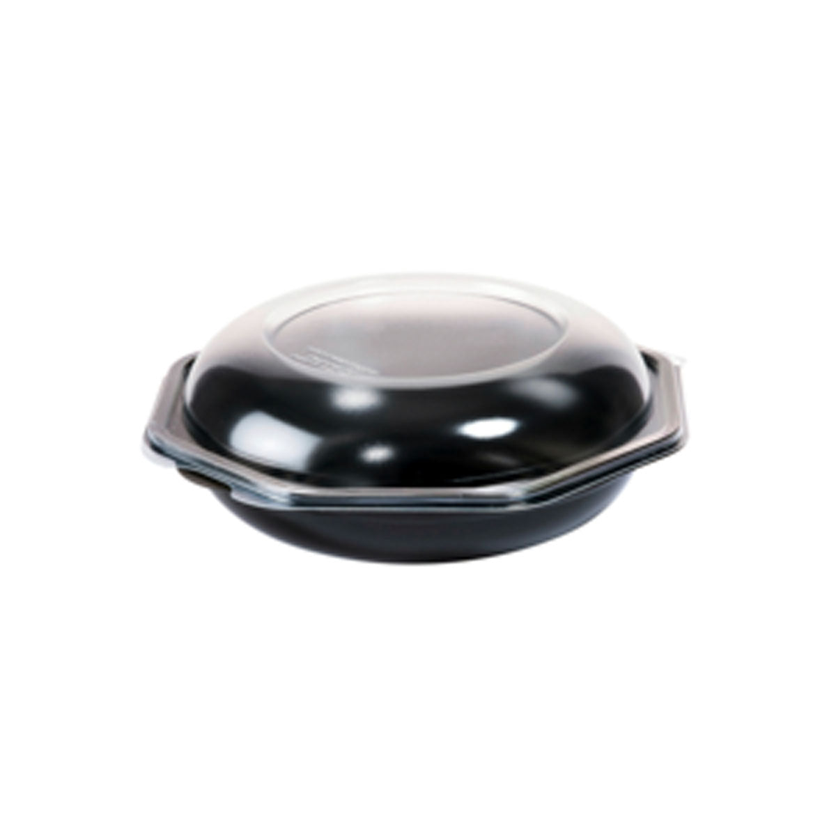 Ein schwarzer Octabowl® (Duni GmbH, C&C Packung mit 149865) Takeout-Behälter in PS Schwarz/Transparent, 190x190x71mm, mit gewölbtem Deckel und kleinen Seitengriffen - ideal für die Gastronomie oder den täglichen Gebrauch. Packung: 20 Stück. Abgebildet auf weißem Hintergrund.
