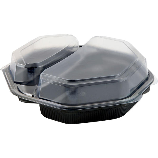 Die Octaview® 2 Schwarz/Transparent PS Box (230x230x50 mm, 30 Stück) von Duni GmbH ist eine praktische Lunchbox oder Schmuckaufbewahrung mit zwei Fächern und klarem Deckel.