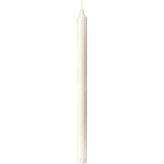 Abgebildet ist eine hohe, weiße Duni GmbH Kronenkerzen Stumpenkerze (100% Stearin, 350 x 22 mm, 13h), 10er Pack, mit sichtbarem Docht vor weißem Hintergrund.