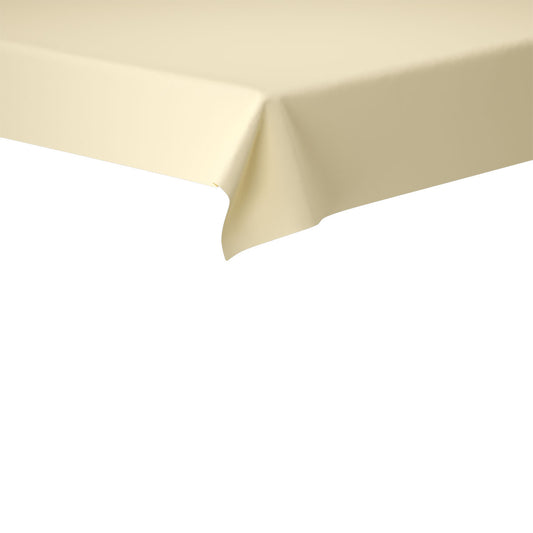 Die rechteckige Evolin-Tischdecke von Duni GmbH in Beige (127 x 127 cm) liegt mit sanften Falten über die Ecke eines Tisches vor schlicht weißem Hintergrund.