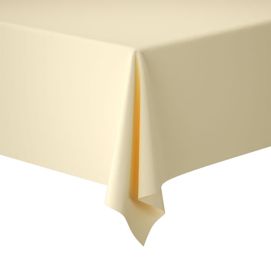 Eine Nahaufnahme einer Duni GmbH Evolin-Tischdecke 127 x 180 cm zeigt die cremefarbene Tischdecke in eleganter Leinenoptik, die sauber über die Ecke eines rechteckigen Tisches vor einem weißen Hintergrund drapiert ist.