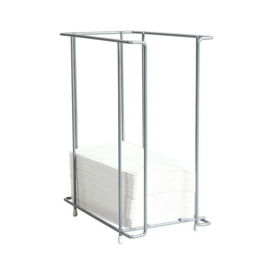 Ein Stapel weißer Servietten steht aufrecht im Duni GmbH Serviettenspender Draht, chrom-metallic, für 24x24cm Servietten, mit vier senkrechten Stangen und kleinen runden Füßen.