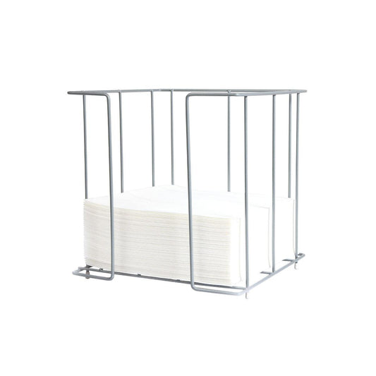 Ein Duni GmbH Serviettenspender Draht, chrom-metallisch für 40x40cm 1/4F Servietten, abgebildet mit einem rechteckigen Stapel weißer Servietten im Inneren, gewinkelt auf weißem Hintergrund.