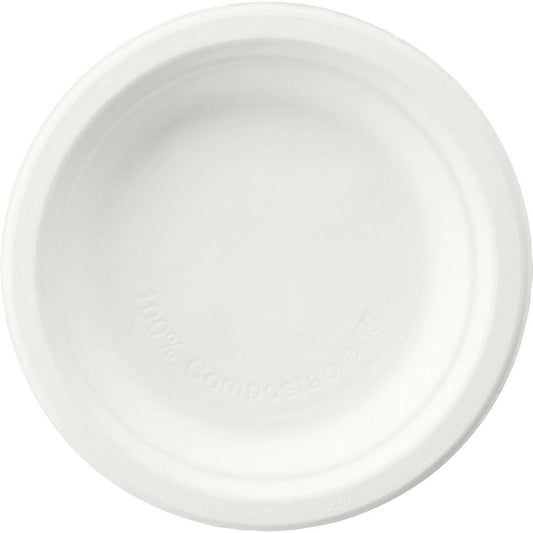 Ein runder, weißer Duni GmbH Teller ø 15 cm aus Bagasse mit glatter Oberfläche und erhöhtem Rand, "100% kompostierbar" am Innenrand eingeprägt - ideal als umweltfreundlicher Einwegteller. Packung: 125 Stück.