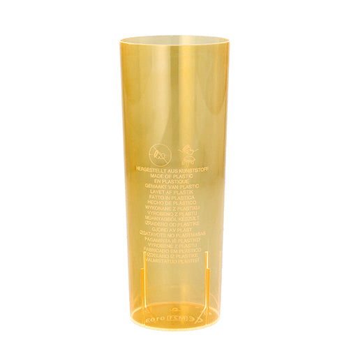 Ein hoher, durchscheinender gelber Starpak 10 Gläser für Longdrinks Kunststoffbecher (0,3 l, Ø 5,85 cm, 15,2 cm) mit glatter zylindrischer Form und mehrsprachigem Aufdruck auf der Vorderseite; keine Henkel oder Muster sichtbar.