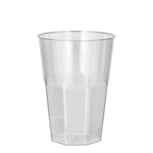Ein durchsichtiger Starpak Latte Macchiato-Becher aus Kunststoff (0,3 l, 8 cm Ø, 11 cm hoch) mit konischen Seiten und flachem Boden aus dem Starpak 30-Gläser-Set, glasklare Oberfläche, präsentiert vor einem schlichten weißen Hintergrund.