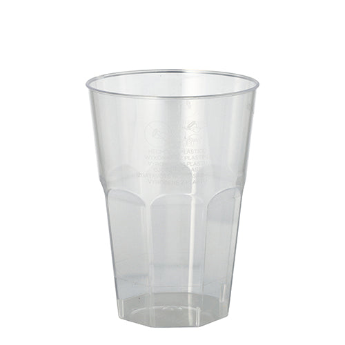 The Starpak 20 glasses for Caipirinha (0.3 l, Ø 8 cm, 11 cm) are transparent PS plastic cups with a faceted bottom design - ideal for serving drinks at parties and events; 20-piece set in shrink wrap.