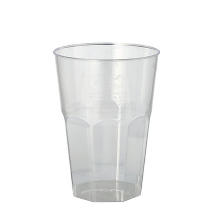 The Starpak 20 glasses for Caipirinha (0.3 l, Ø 8 cm, 11 cm) are transparent PS plastic cups with a faceted bottom design - ideal for serving drinks at parties and events; 20-piece set in shrink wrap.