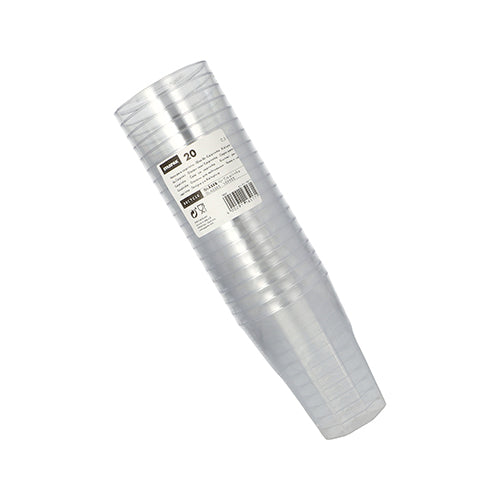 Ein Set mit 20 glasklaren Starpak-Gläsern für Caipirinha (PS, 0,3 l, Ø 8 cm, 11 cm) in Schrumpffolie mit Etikett und Barcode – ideal für Partys und Veranstaltungen auf weißem Hintergrund.