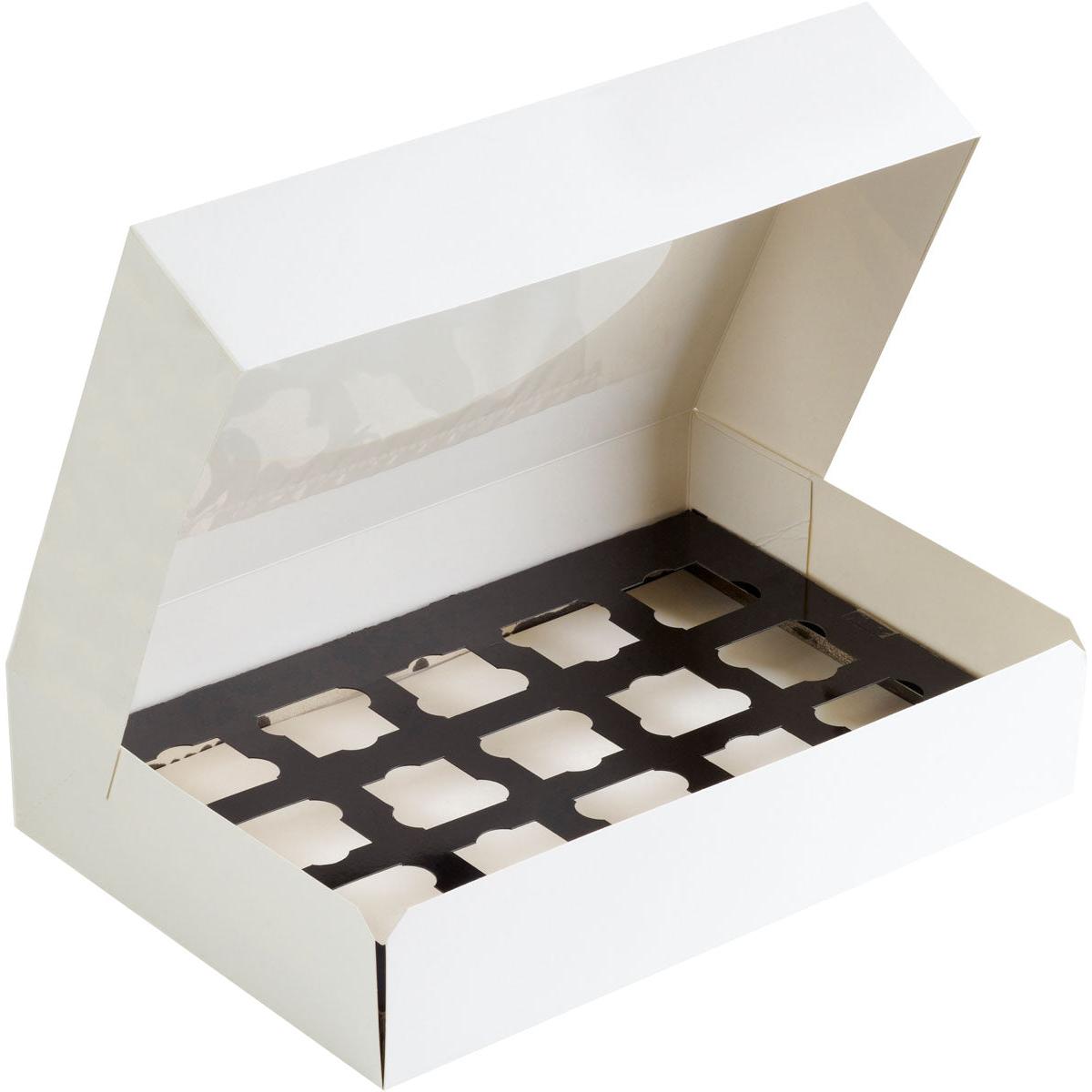 Die Duni GmbH Catering-Transportbox S (Weiß Karton/PE, 360x250x80mm) ist mit einem schwarzen Einsatz mit sechzehn quadratischen Fächern ausgestattet und eignet sich perfekt für den sicheren Transport von Cupcakes oder Gebäck. Verkauft in 10er-Packungen.