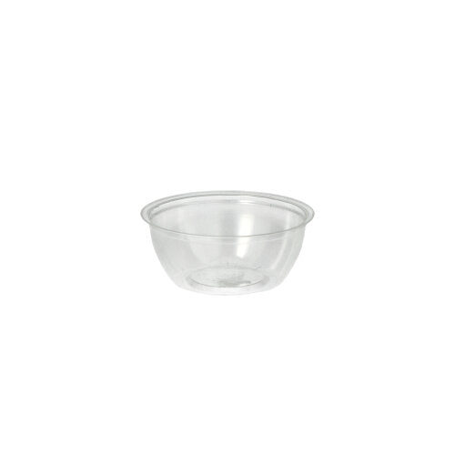 The Starpak 100 dressing bowls are transparent, round PS bowls (50 ml, Ø 6.7 cm × 2.7 cm), depicted from a slightly elevated angle on a plain white background – ideal for use in the catering industry. Pack of 100 pieces in foil.
