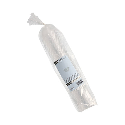 A sealed plastic package with 100 transparent Starpak dressing bowls, PS, round, 50 ml (Ø 6.7 cm x 2.7 cm), stacked with a white-blue label – ideal for use in catering or as a dressing cup.