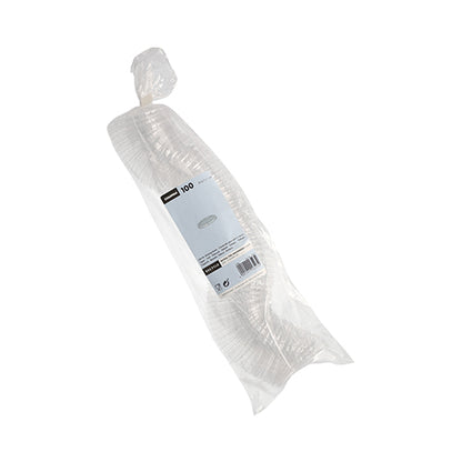 A transparent plastic bag with 100 stacked Starpak PS round lids (Ø 6.7 cm, 1 cm high), transparent, wrapped in foil with a white label and product information - ideal for food packaging.