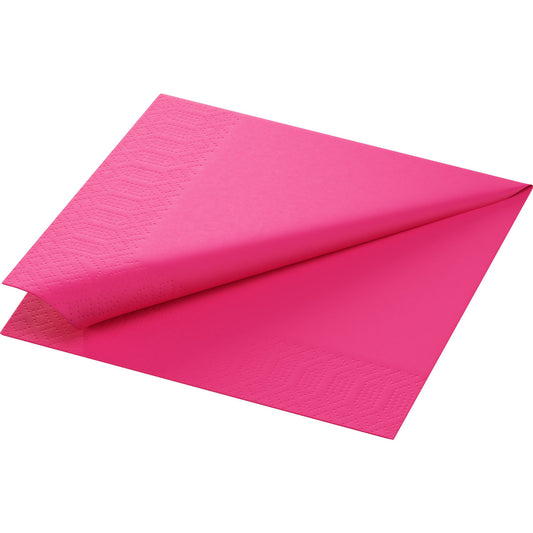 Die Duni GmbH Zelltuchservietten 33 x 33 cm 3lagig 1/4 Falz in fuchsia sind teilweise aufgefaltet abgebildet, was die rechteckige Form und die geprägten Ränder hervorhebt; jede Packung enthält 250 Servietten.
