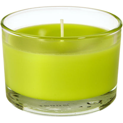 A green candle jar Ibiza (approx. 18h, 58x85mm) by Duni GmbH with a single wick sits unused in a clear glass container - ideal for atmospheric lighting and stylish accents in any room.