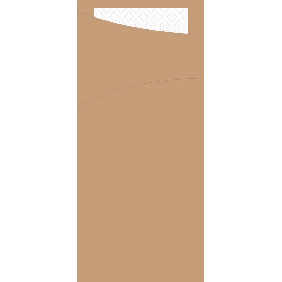 Ein weißes, gemustertes Sacchetto Zelltuch 190 x 85 mm der Duni GmbH ragt teilweise aus einer gebräunten Oberfläche heraus, die an eine Tasche oder einen Umschlag erinnert, und steht vor einem unifarbenen Hintergrund.