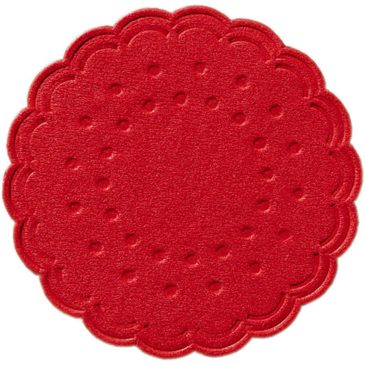 Der Duni GmbH Zelltuch-Untersetzer Ø 7,5 cm, 8-lagig, rot wird in einer Packung mit 250 Stück geliefert. Dieser runde, rote Untersetzer hat einen geriffelten Rand und ein gepunktetes, kreisförmiges Muster, das an einen dekorativen Keks erinnert.