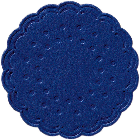 Ein runder, dunkelblauer Zelltuch-Untersetzer (Ø 7,5 cm, 8-lagig) der Duni GmbH hat einen gewellten Rand und kleine Einkerbungen. Abgebildet von oben vor weißem Hintergrund. Verkauft in Packungen zu 250 Stück.