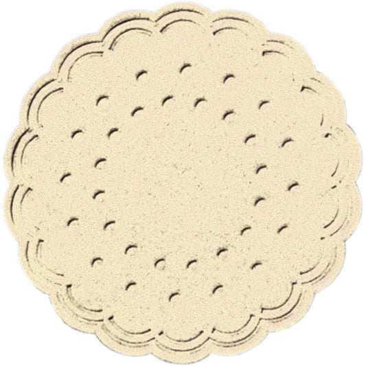 Ein runder, cremefarbener Zelltuch-Untersetzer der Duni GmbH (Ø 7,5 cm, 8-lagig) mit eleganten Wellenkanten und kleinen Löchern in einem kreisförmigen Muster. Wird in Packungen zu 250 Stück geliefert.