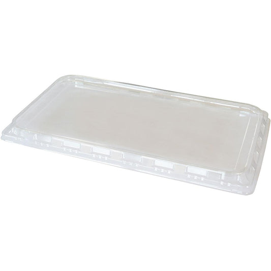 Ein transparenter APET-Deckel für 1/1 GN von Duni GmbH (530x325x30 mm, Packung mit 32 Stück) liegt flach auf weißem Untergrund und zeigt eine erhöhte Kante aus klarem Material.