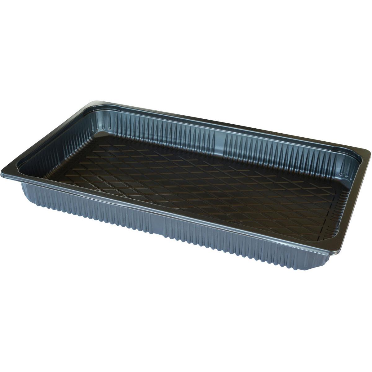 Die Duni GmbH PP Schale 1/1 GN ist eine schwarze, rechteckige Polypropylen-Schale (530x325x60 mm) mit erhabenen Seiten und strukturiertem Boden, ideal zum Verpacken oder Servieren von Lebensmitteln in der Gastronomie; Packung mit 48 Stück, nicht verschließbar.