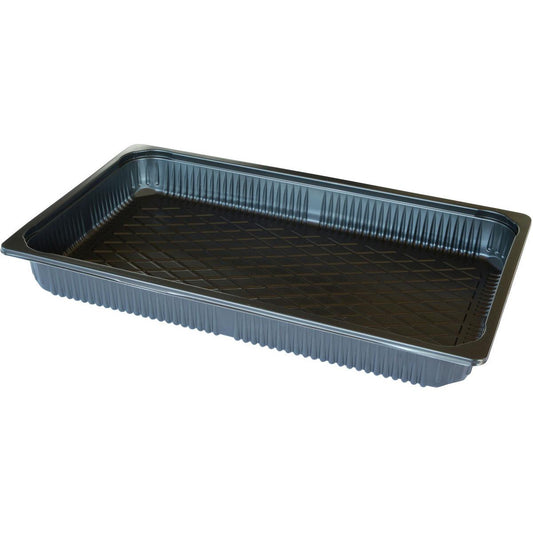 Die Duni GmbH PP Schale 1/1 GN ist eine schwarze, rechteckige Polypropylen-Schale (530x325x60 mm) mit erhabenen Seiten und strukturiertem Boden, ideal zum Verpacken oder Servieren von Lebensmitteln in der Gastronomie; Packung mit 48 Stück, nicht verschließbar.